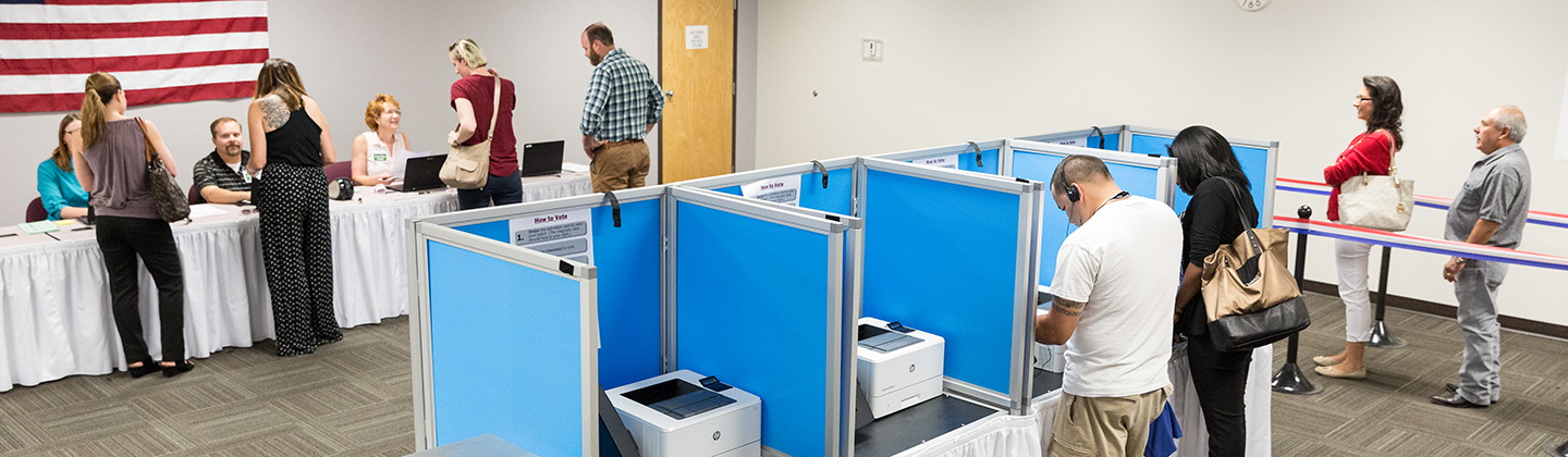 Photo of voters at check-in table, standing at voting booth and waiting in line