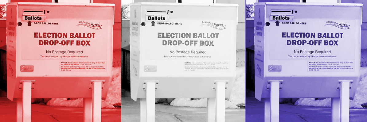 Three ballot drop boxes in red, white and blue filters