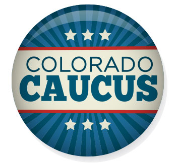 Patriotic button with words Colorado Caucus