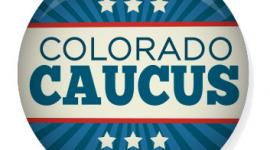 Patriotic button with words Colorado Caucus